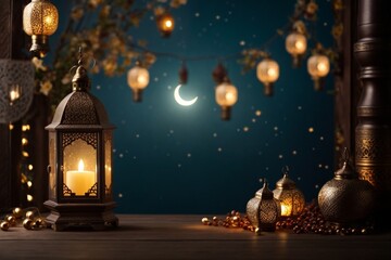 ramadan greeting card shiny light design dark background with copy space area banner