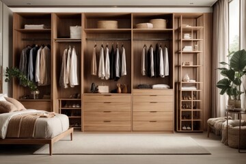 modern wooden wardrobe with descriptive details and copy space raea