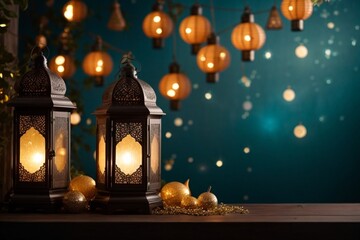 ramadan greeting card shiny light design dark background with copy space area banner