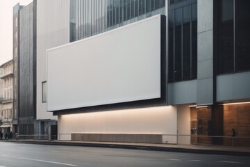 public advertisement board space on the modern building in the street as empty blank white mockup...