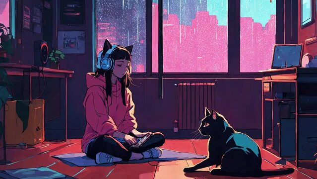 anime girl with headphone and cat are sitting in front of the window in cyberpunk city on rainy night day. Girl listening the music at night. Abstract futuristic cyberspace. Neon lights