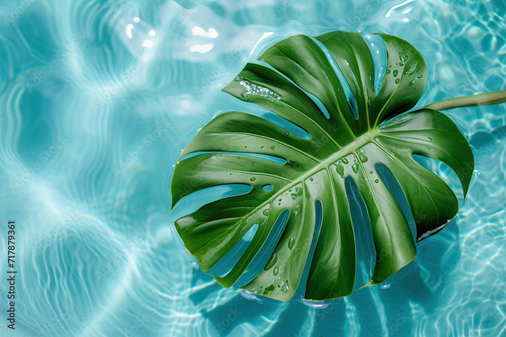 Poster monstera leaf floating in the pool. background image. created with generative ai technology