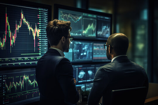 Business team of entrepreneurs analyzing information along monitors and engaging in stock market trading with trading graphs.