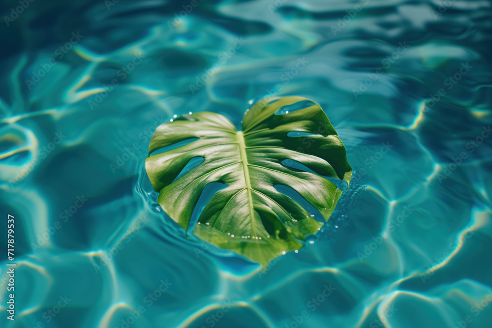 Poster monstera leaf floating in the pool. background image. created with generative ai technology