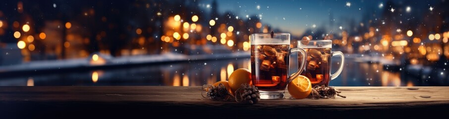 Mulled wine in a glass around a table on snowy winter background.