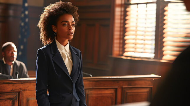 female lawyer stands attentively in a courtroom