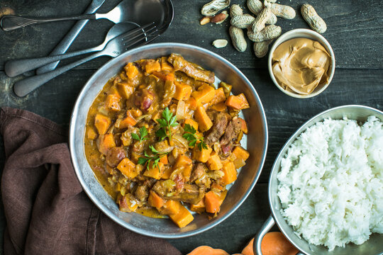 African chicken peanut stew with sweet potatoes  with side of basmati rice