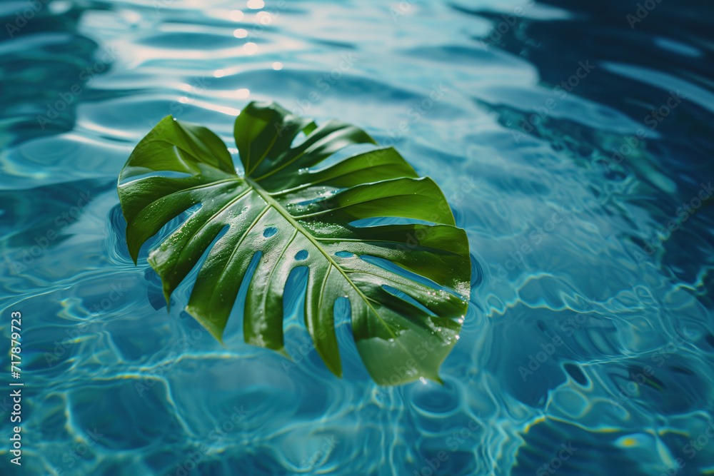 Poster monstera leaf floating in the pool. background image. created with generative ai technology