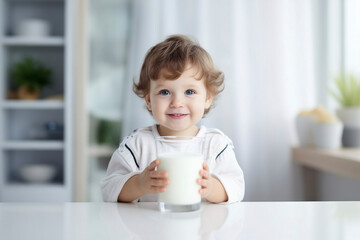 Cute smiling little child with a big glass of milk sitting at the table on the bright modern kitchen