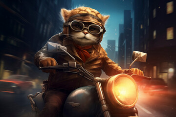 A cartoon cat in glasses and a leather jacket drives a cool motorcycle through the city at night