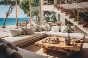 Obraz premium Sumptuous Poolside Oasis with Elegant Furnishings and Serene Coastal Views at a Luxury Resort Hotel