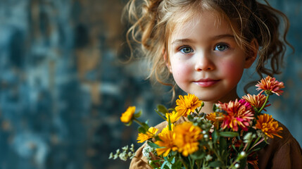 Young girl child with a gift of flowers for mum on mothers day - obrazy, fototapety, plakaty