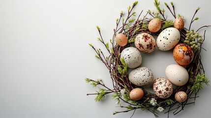Fototapeta premium Easter wreath with eggs, willow branches and small flowers on white background with copy space, Easter decorative religion banner, AI generated