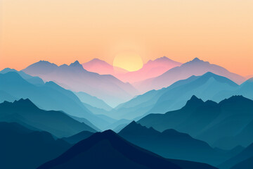 minimalist mountain landscape at dawn, with eternal sunshine kissing the peaks and creating a tranquil and awe-inspiring scene in a minimalistic style