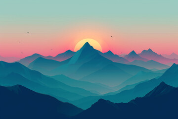 minimalist mountain landscape at dawn, with eternal sunshine kissing the peaks and creating a tranquil and awe-inspiring scene in a minimalistic style