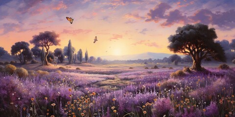 A field of lavender under a pastel sky, where butterflies and bees gather nectar, and a group of deer grazes in the fragrant meadow. - obrazy, fototapety, plakaty