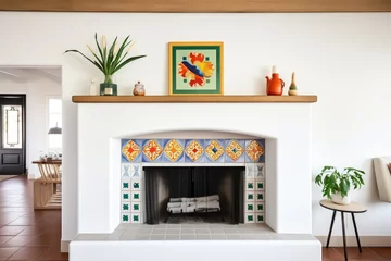Foto op Canvas white stucco fireplace with decorative spanish tiles © primopiano