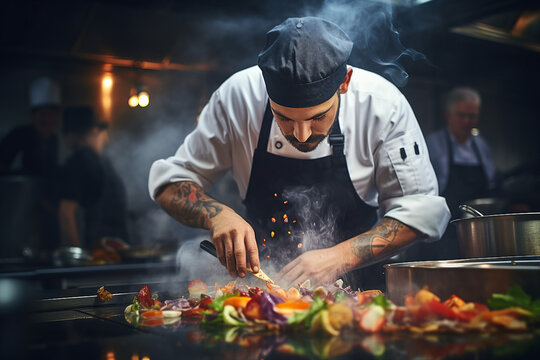 Generative AI picture of professional chef cooking in a restaurant kitchen - Powered by Adobe