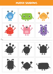 Find shadows of cute colorful monsters. Cards for kids.
