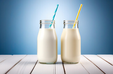 Two glass transparent bottles full of milk and almond milk with straws and on a white wooden table with blue background