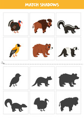 Find shadows of cute North American animals. Cards for kids.