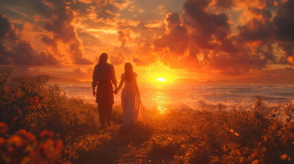 Man and woman together in sunset