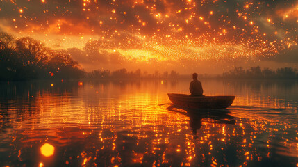 Person in a boat on the enchanted lake in the sunset