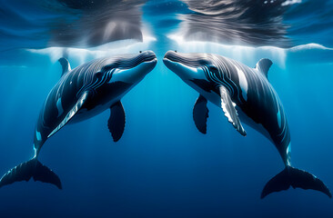 Two whales swimming under the water, floating to sea surface
