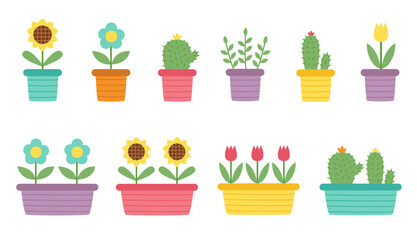 Set of colorful flower pots in cartoon style isolated on white background.