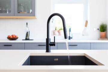 modern black kitchen tap over a white basin with clean backdrop - obrazy, fototapety, plakaty