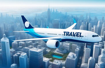 An airplane with the text "travel" flies over the city with skyscrapers, the concept of travel and air travel
