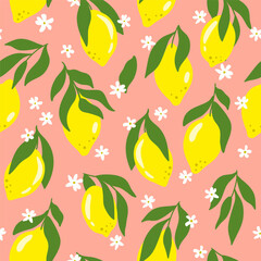 Fresh lemons on pink background. Summer citrus fruits seamless pattern. Vector organic food print, wallpaper