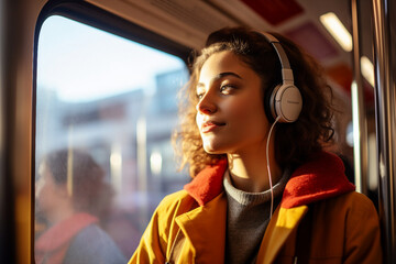 Generative ai photo picture of happy young person traveling and listening to music outdoors