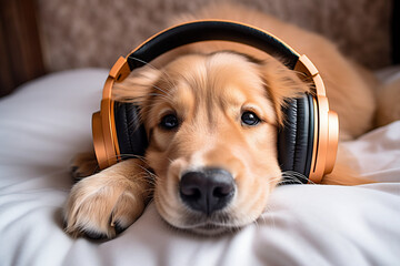 Photo image of a funny sleepy fluffy nice dog lying at home listening to music created with...