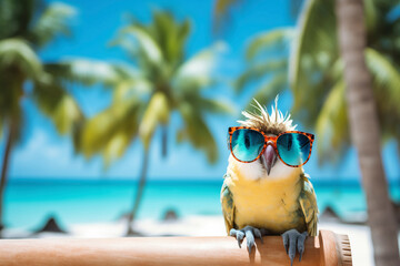 Funny parrot in sunglasses sits on a background of tropical palm trees and sea shore, travel and beach holiday concept