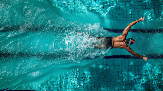 an aerial top view of a male swimmer in a swimming pool