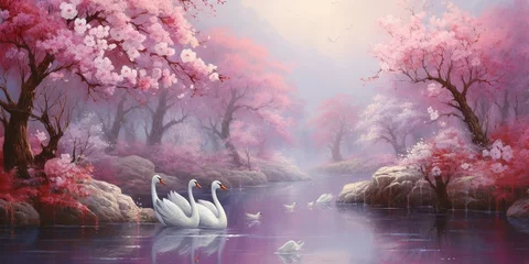 Poster A cherry blossom garden in full bloom, where a family of swans swims in a tranquil pond, and butterflies dance in the soft breeze. © Anmol