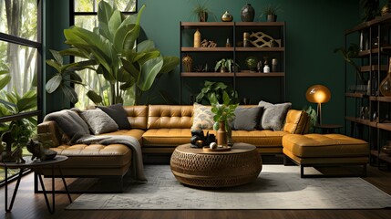 Living room with lush greenery, natural textures, and earthy tones for a vibrant and relaxing urban jungle
