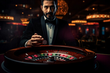 Concept of casino games poker slots free spins chips cards dice players las vegas Generative AI picture