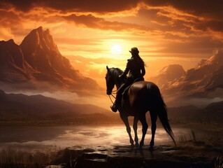 Female riding her horse in a sunset land