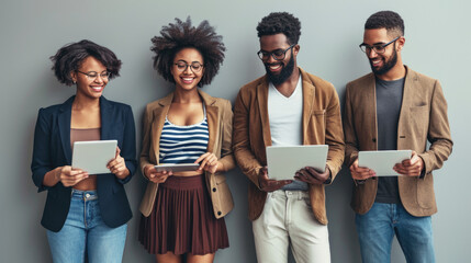 Cheerful professionals standing in a row, each holding a digital tablet or laptop, seemingly engaged and ready for a productive work session or collaboration.