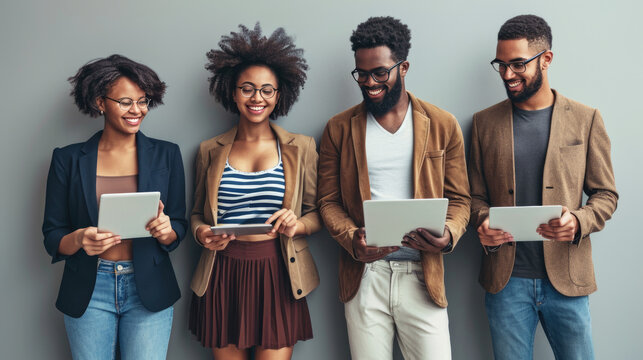 Cheerful professionals standing in a row, each holding a digital tablet or laptop, seemingly engaged and ready for a productive work session or collaboration.