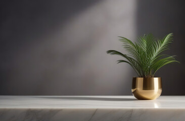 Empty blank marble tabletop on a gray wall with beautiful floral tropical shadow. Minimalistic backdrop for product presentation, podium, pedestal. Showcase, display case. Minimal abstract background.