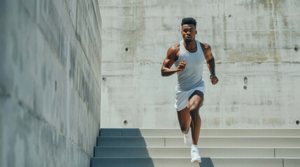athletic man in a sleeveless top and shorts is running up a flight of concrete stairs in an urban...