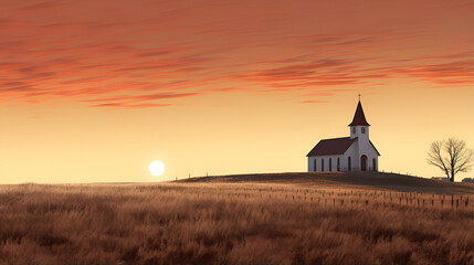 A Tranquil Retreat Amidst Nature's Canvas: The Lone Church at Dusk, a Spiritual Haven in the Heart of the Western Horizon