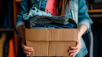 Woman hands holding a donate box. Cardboard box with clothes for charity. Social activity. Female volunteer. Box full of clothing . Photorealistic. 