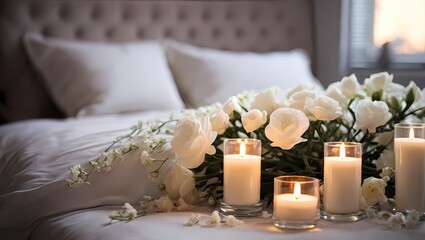 wedding bouquet on a bed