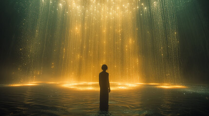 Woman in a magic golden waterfall