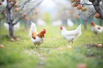 Fototapeta premium chickens grazing in an orchard
