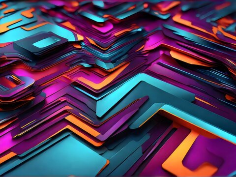 Futuristic 3D digital abstract background with vibrant neon colors and geometric shapes.